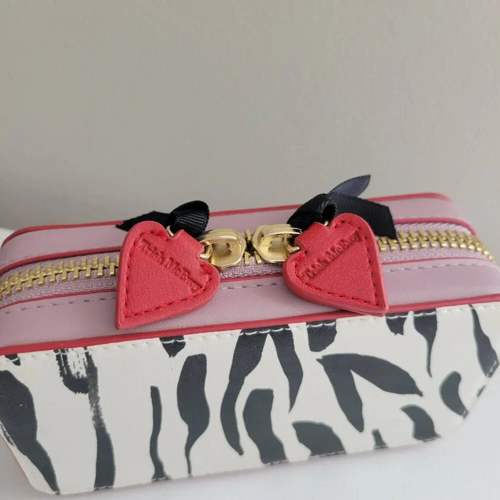 Zebra Trish McEvoy Leather Travel Makeup Bag Case With Hearts Gold Zip 6 x 3 x 2